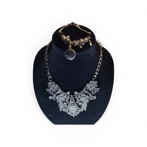 Silver Floral Lace Statement Necklace - and Bracelet Women Jewelry